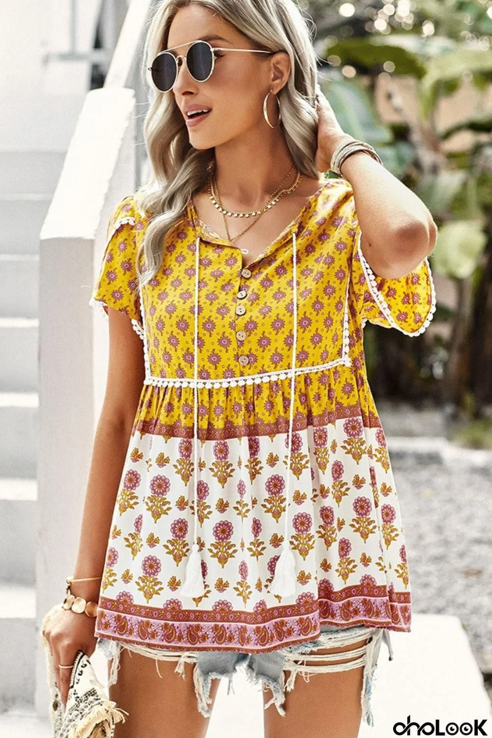 Bohemian Tie Neck Buttoned Blouse