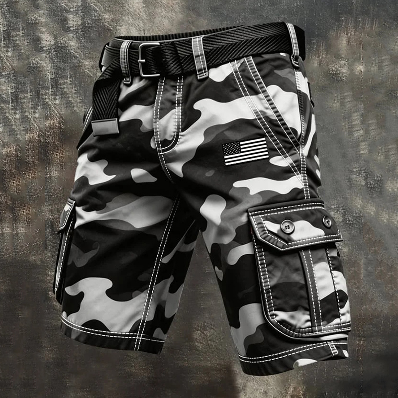 Comstylish Men's Retro Camo Distressed Pocket Cargo Shorts (belt Not Included)