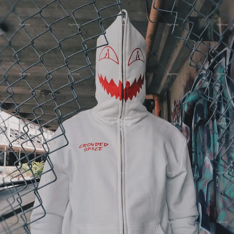 Demon Print Men's Streetwear Oversized Full Zip Up Hoodie Sweatshirts-VESSFUL