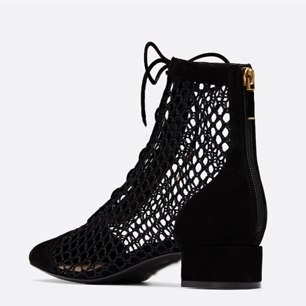 Black Suede & Mesh Mixed Closed Pointed Toe Gladiator Ankle Boots With Low Chunky Heels Nicepairs