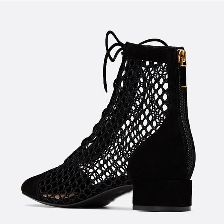 Black Vegan Suede & Mesh Patchwork Lace-Up Heeled Ankle Boots |FSJ Shoes