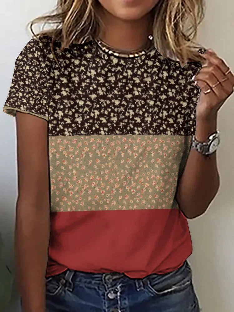 Printed Short Sleeve Casual T-shirt for  Women and Men Unisex Pattern Floral,Red,Light Coffe,Navy,Stitch