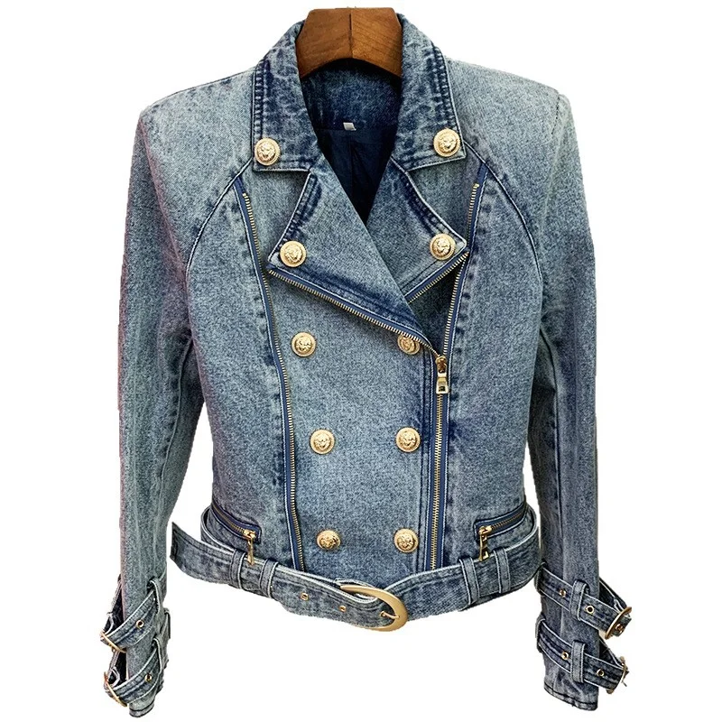 Nigikala Nigikala 2025 New Women's Coat Lion Buckle Double Zipper Wash Denim Locomotive Small Suit Jacket