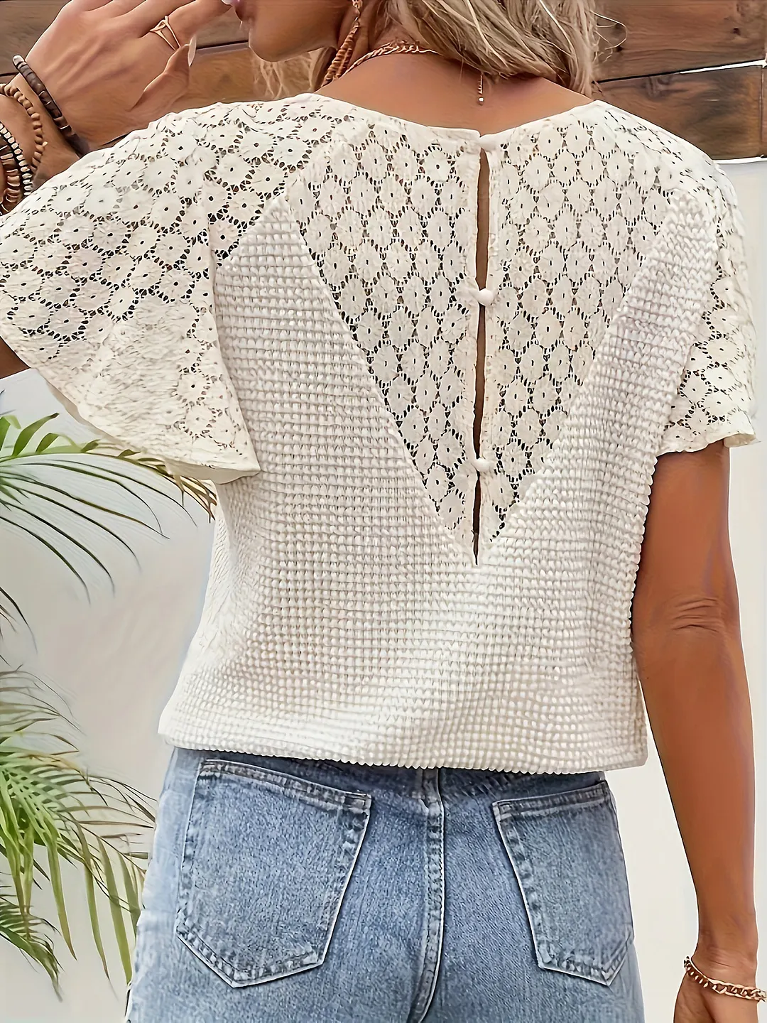 Women's Cream Waffle Knit Blouse, Lace Panel Short Flutter Sleeve V-Neck Top for Summer