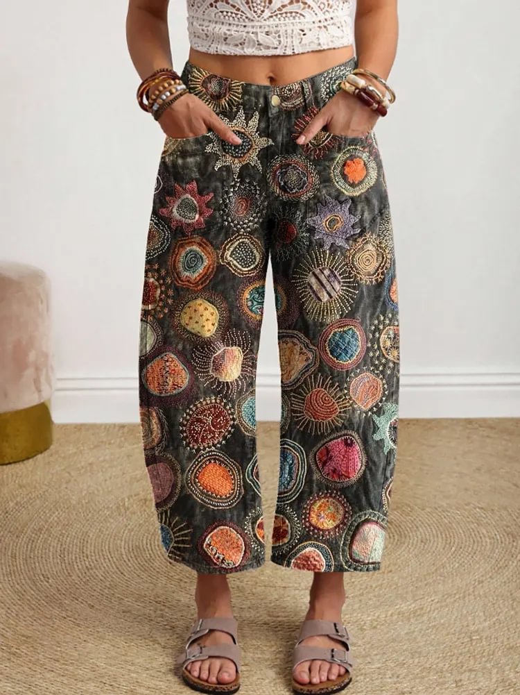 Women's Bohemian Patchwork Pattern Art Print Denim Jeans