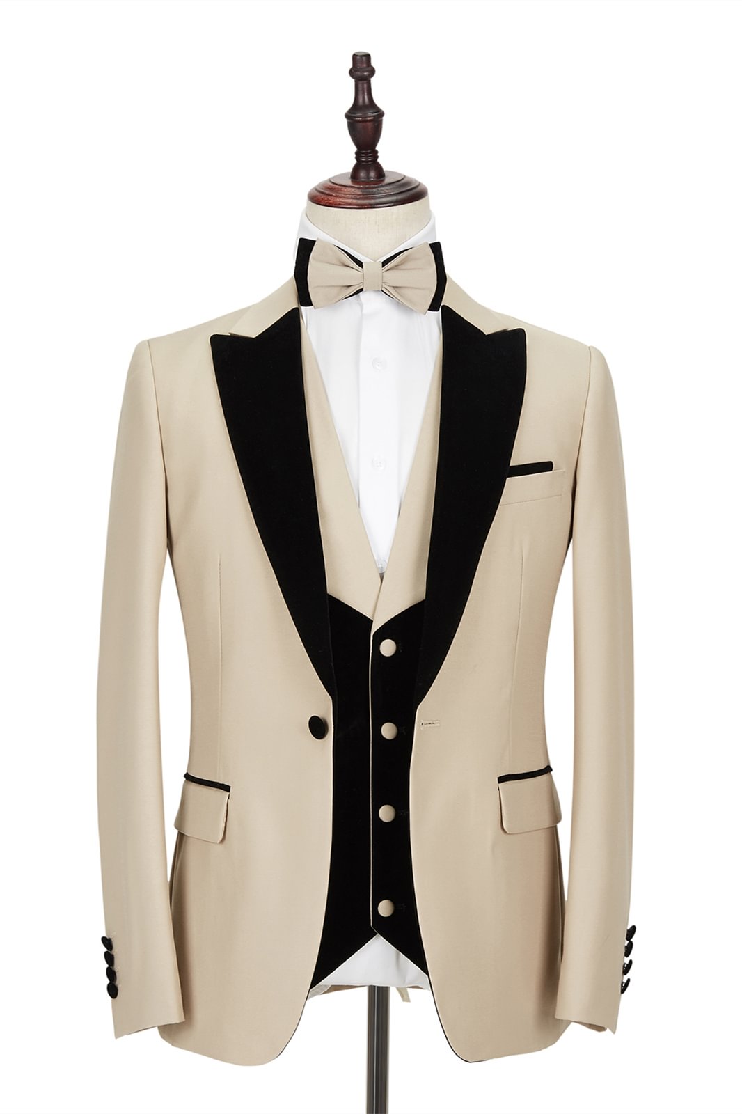 Velvet Stylish Champagne Marriage Suit For Men With Black Peak Lapel | Ballbellas Ballbellas