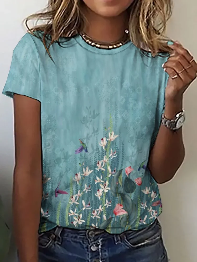 Printed Short Sleeve Casual T-shirt for  Women and Men Unisex Pattern Floral, Green