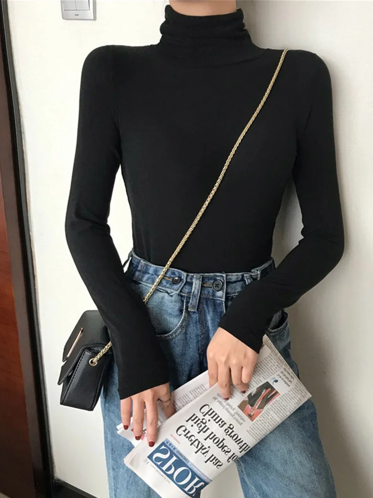 Black White Turtleneck Female T-shirts autumn Fashion Elegant Women solid Long Sleeve T shirt slim Casual basic Tee top