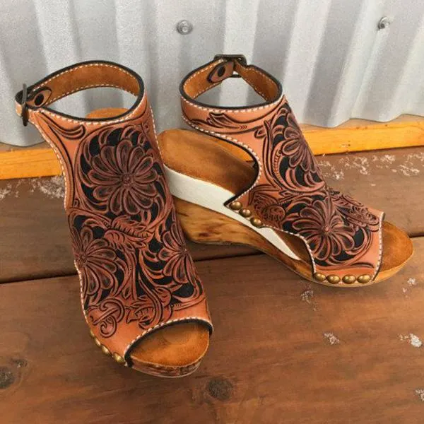 Wedge Print Faux Leather Sandals