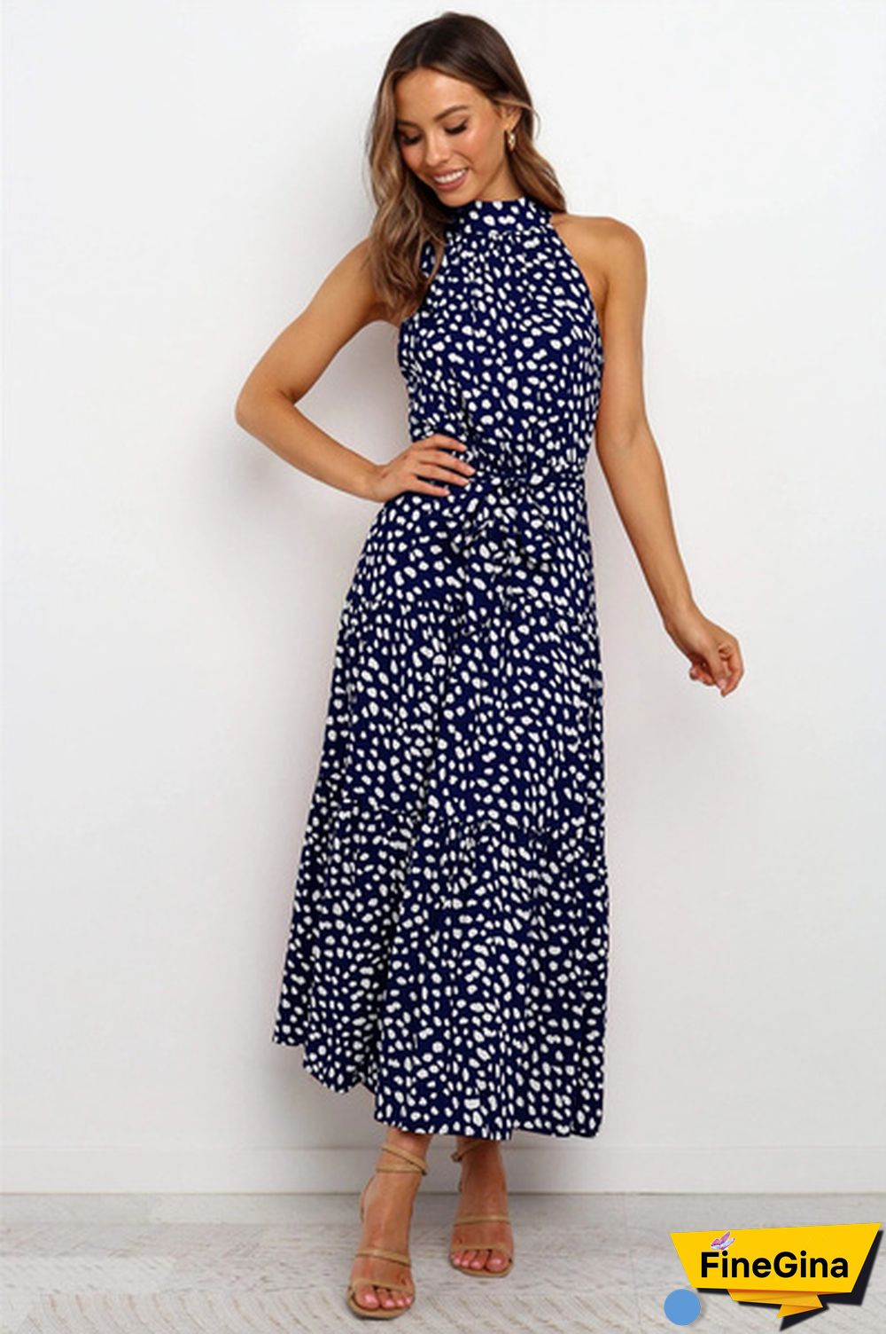 Plus Size Elegant Ladies Dress Sleeveless Collect Waist Polka Dot Long Boho Casual Beach