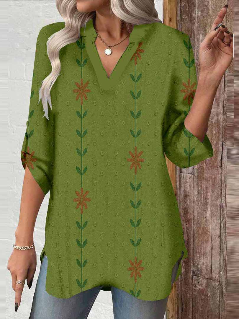 Women Floral,Green,Red DZGA0289 3/4 Sleeve V-neck Printed Graphic Button Tops