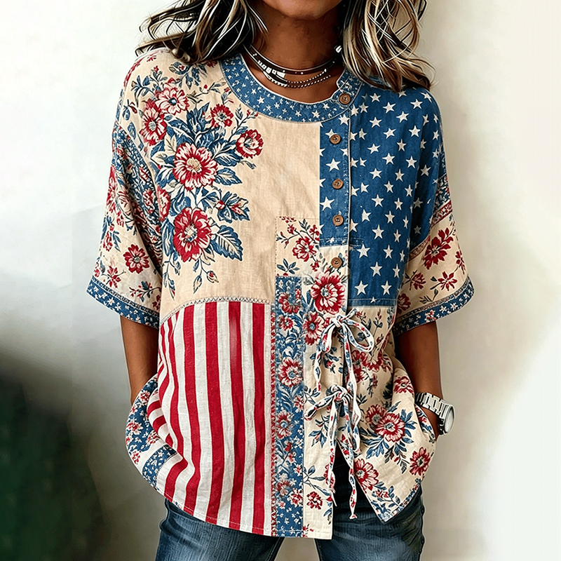  Women's Independence Day Flag Floral Print Linen Casual Shirt Westsshops