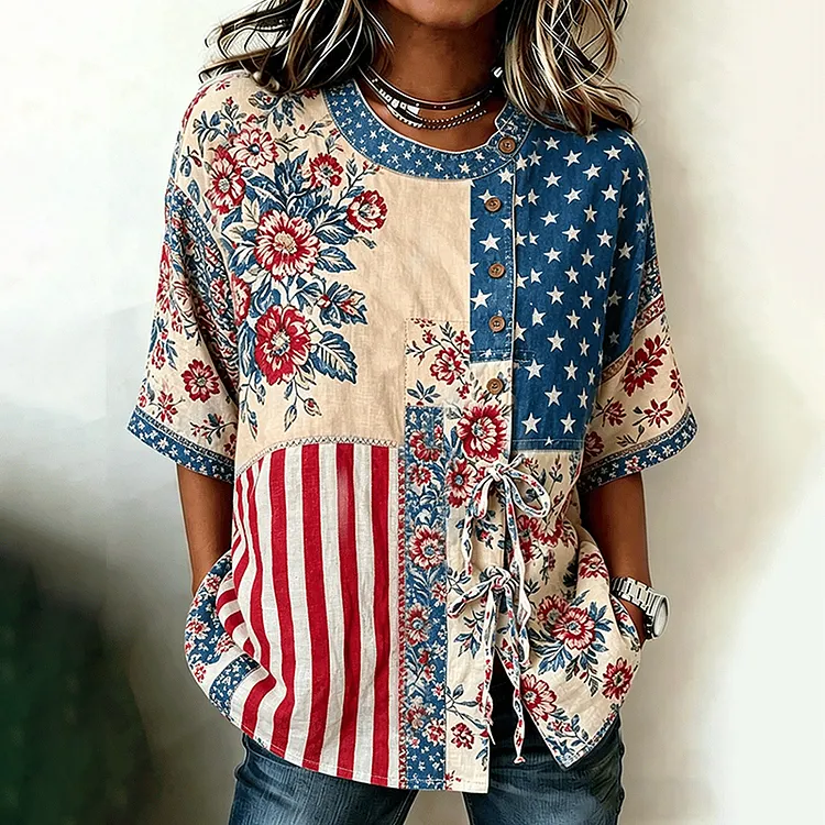 Women's Independence Day Flag Floral Print Linen Casual Shirt