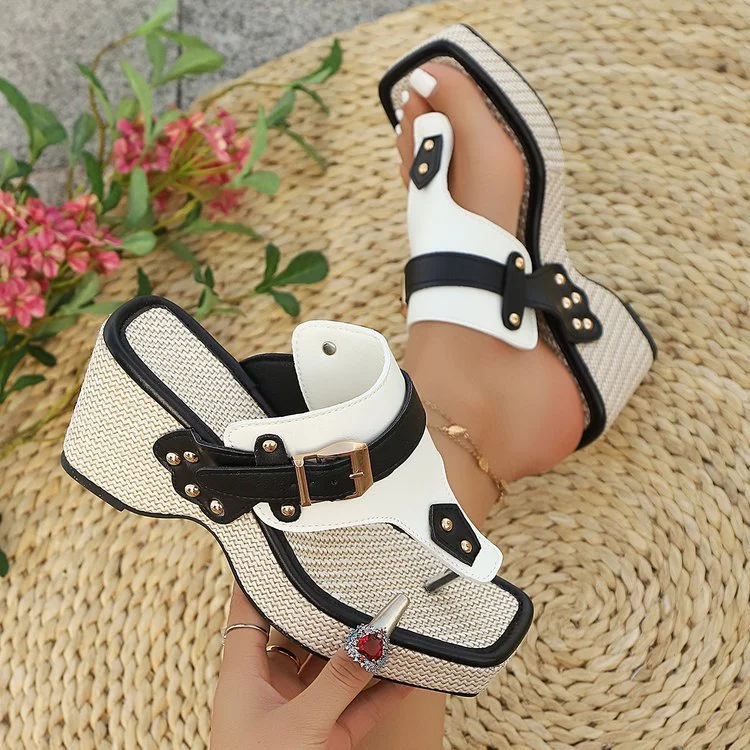 Yyvonne Slope And Thick-Bottom Metal Buckle Rivet One-Word Sandals 2025 Summer Beach Women's Shoes
