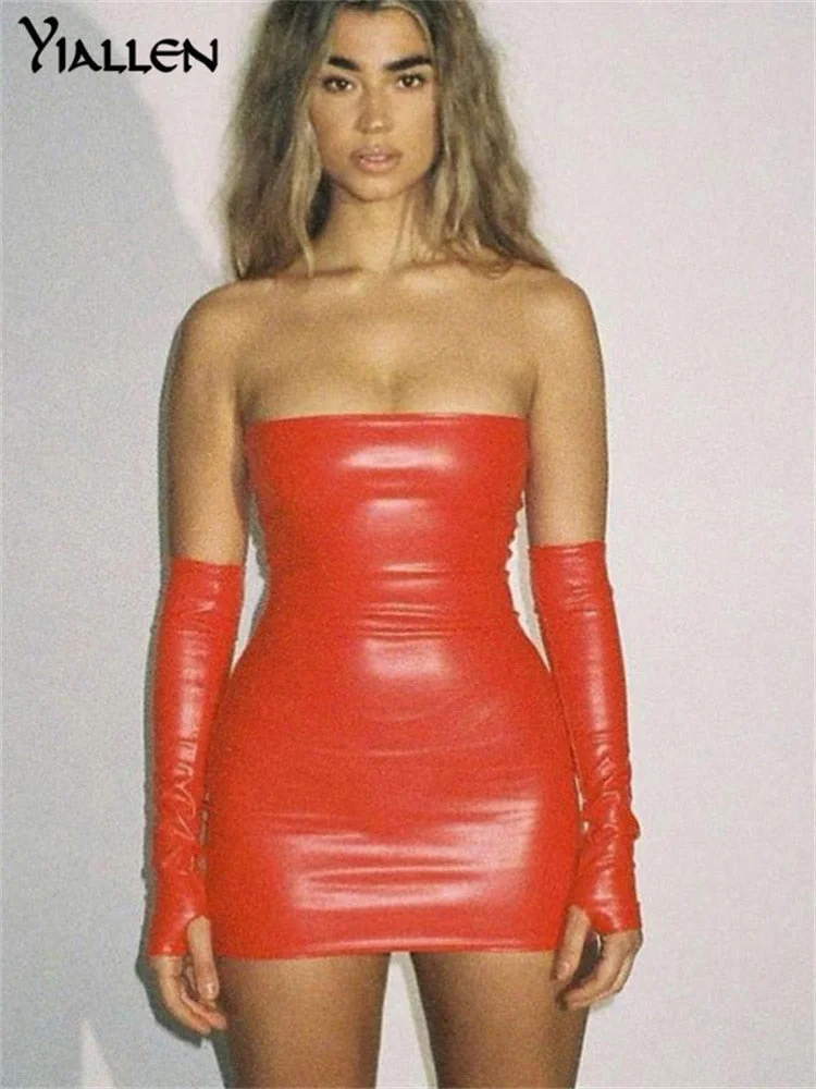 Yiallen Fashion Sexy Short PU Slim Body Wrapped Chest Hip High Waist Sleeveless Dress Female High Street Party Bar Solid Color