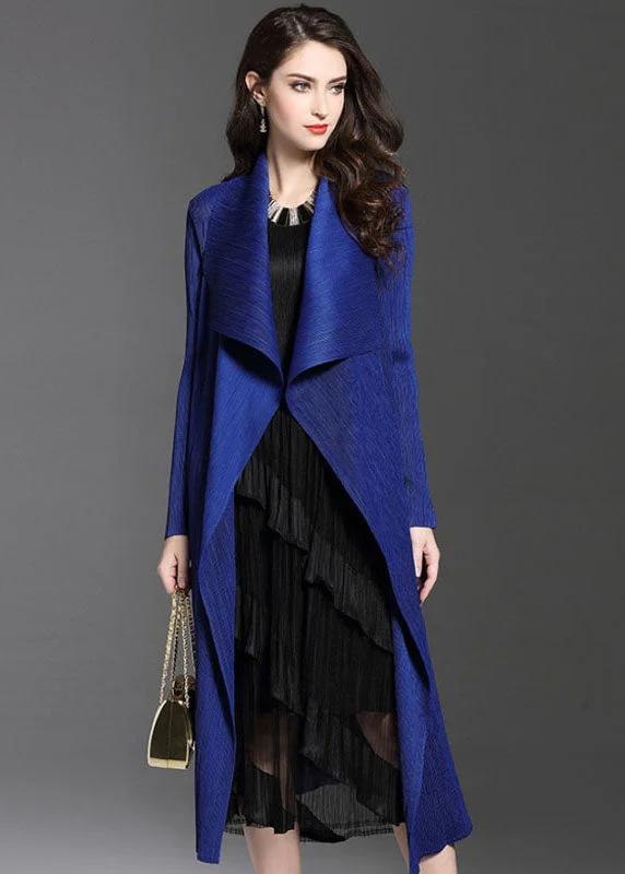 Elegant Blue Peter Pan Collar Wrinkled Patchwork Silk Trench Fall