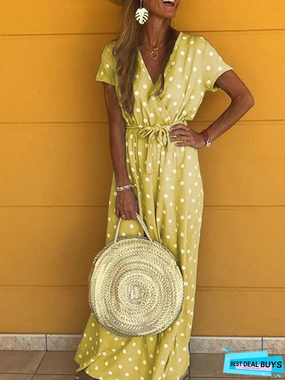 Women's Maxi Long Dress Short Sleeve Polka Dot Print Summer V Neck Hot Yellow Blushing Pink Gray Light Blue