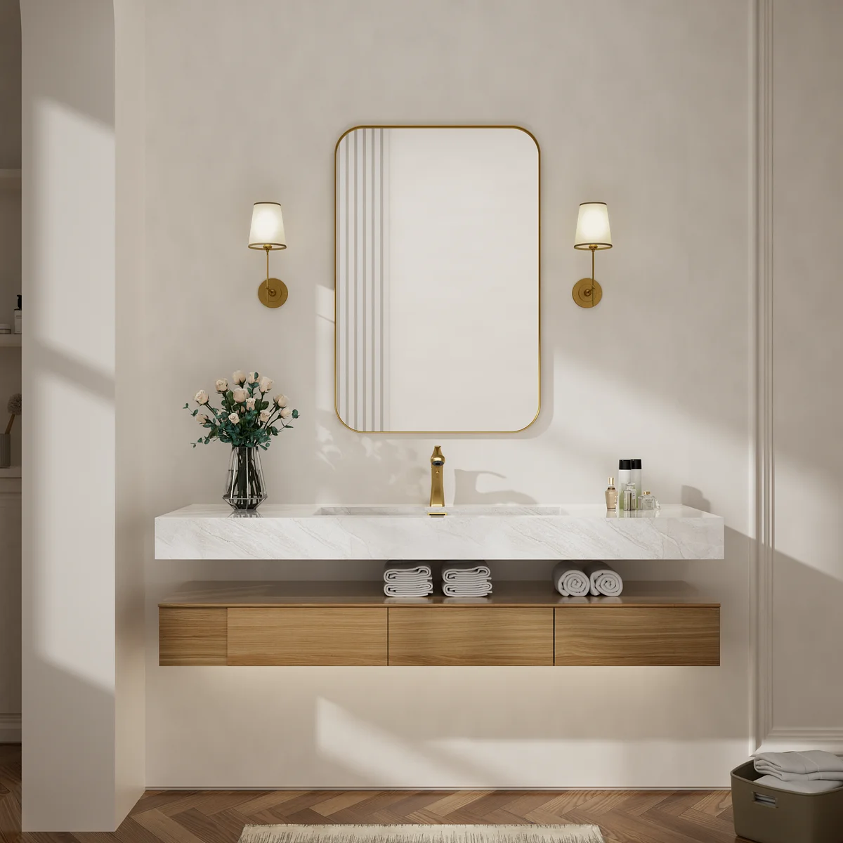 72 inch Novak Teak Vanity, Lentz Widespread Bathroom Faucet in Matte Black