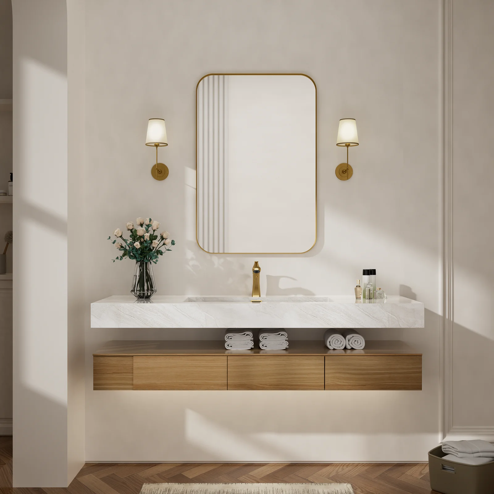 72 inch Novak Teak Vanity, Lentz Widespread Bathroom Faucet in Matte Black