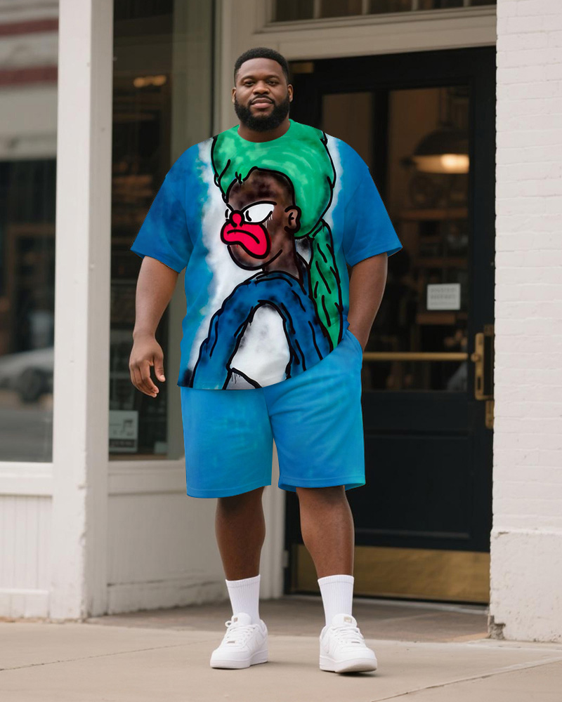Big & Tall Men's Blue Cartoon Graffiti Print Round Neck Short Sleeve T-Shirt Shorts Suit