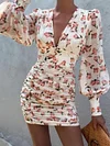 Deep V-Neck Floral Print Ruffled Sexy Slim Mini Dress