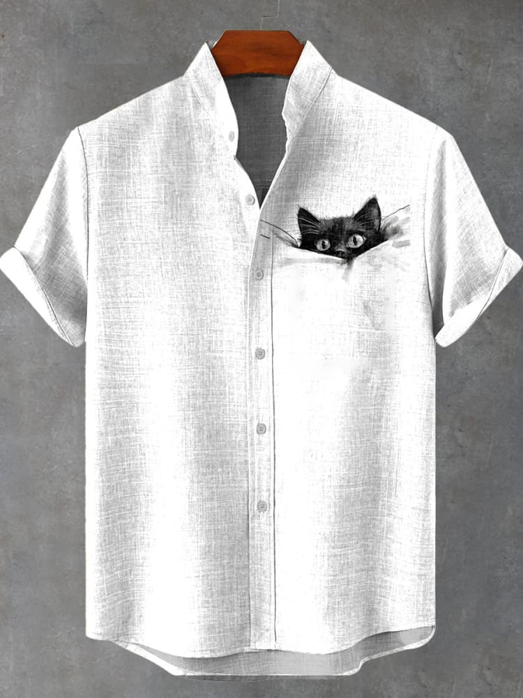 Comstylish Pocket Black Cat Art Print Casual Shirt