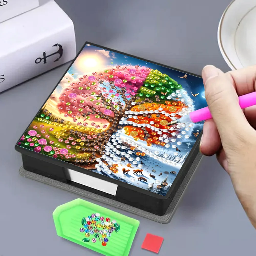 PU Tree Diamond Painting Notecard Box with Papers for DIY Art Craft