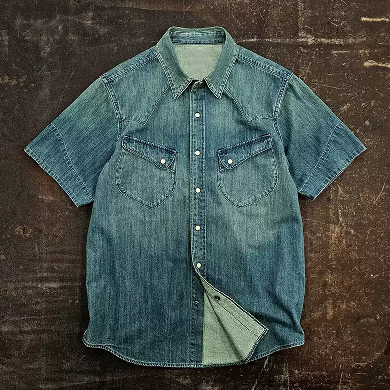 Men's Vintage Denim Washed Distressed Short Sleeve Shirt