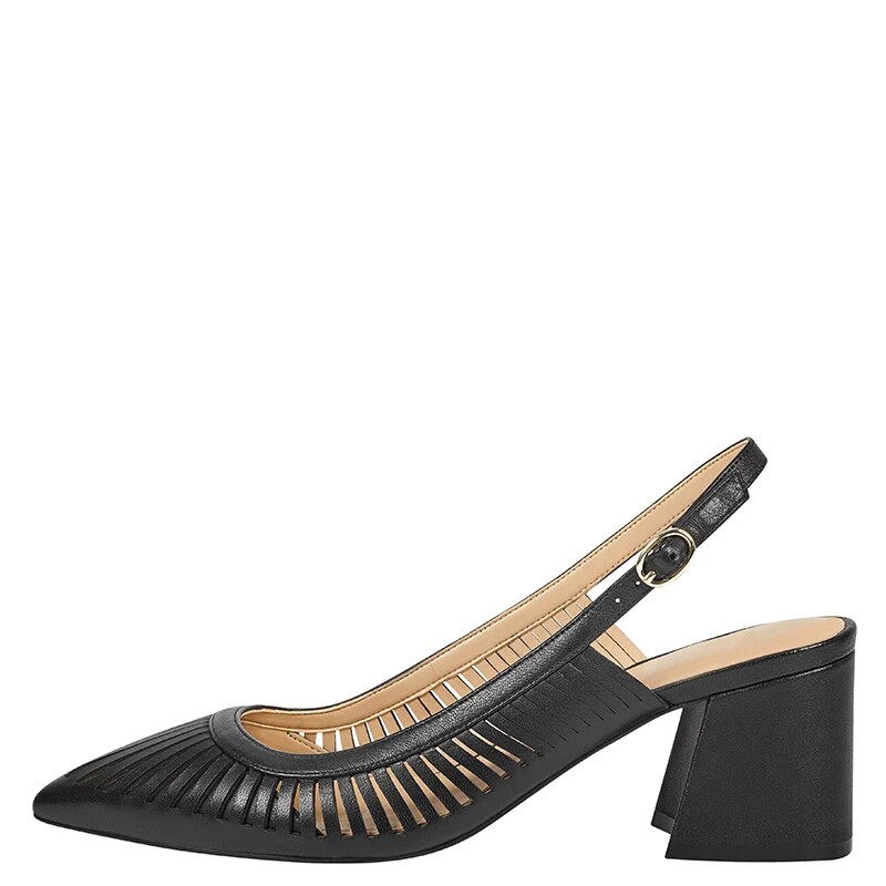 TAAFO Black Slingback High Chunky Heels Women Pumps Pointed Toe Narrow Band Buckle Ladies Shoes