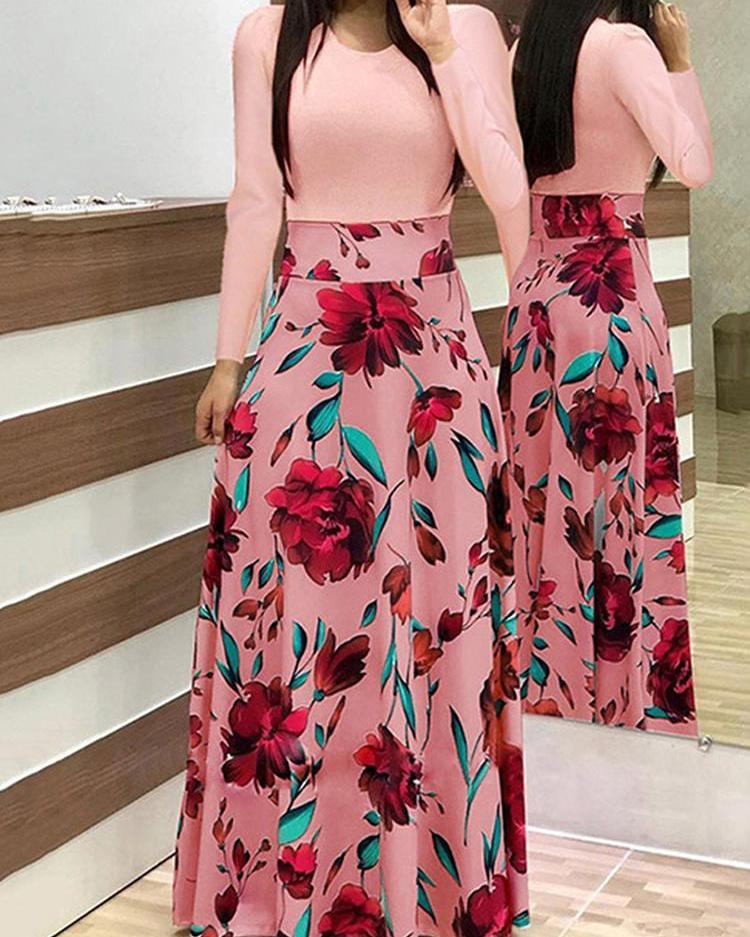 Rose Print Insert Long Sleeve Maxi Dress