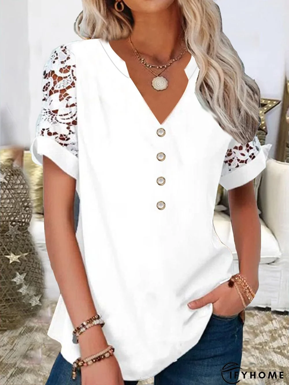 Plain Lace Buttoned Short Sleeve Tops | IFYHOME