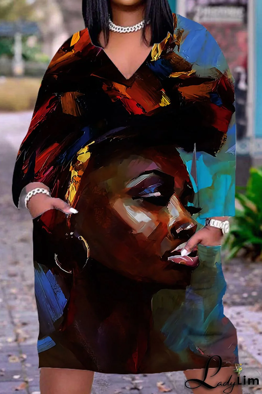 Black Yellow Fashion Casual Print Patchwork V Neck Long Sleeve Dresses