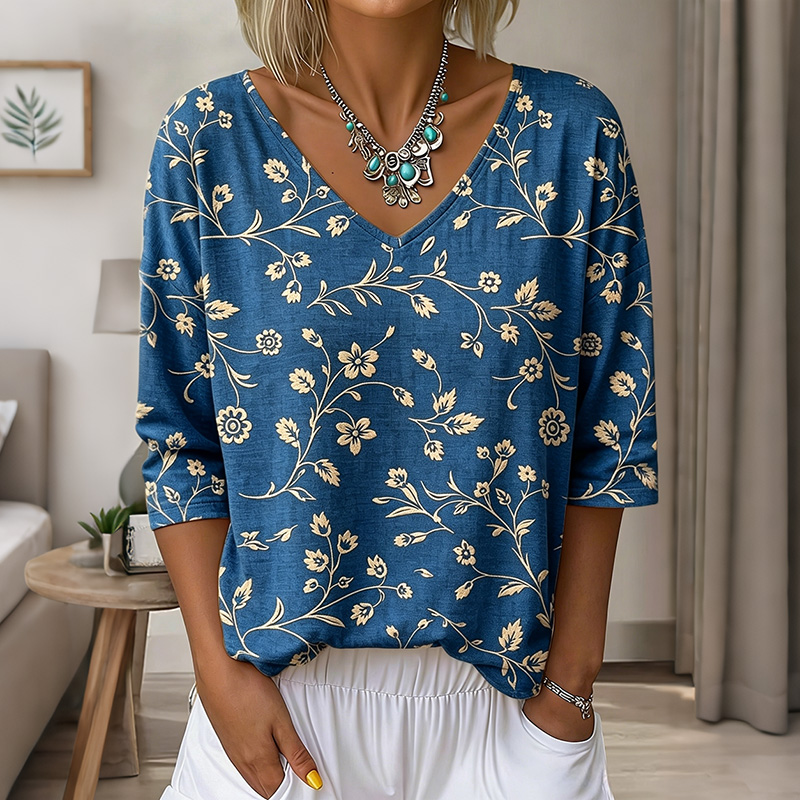 Comstylish Women's Floral Art Print Flowy Linen Blend Three-quarter Sleeve V Neck Linen Tops