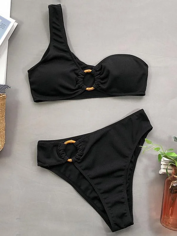 One-Shoulder Hollow Embellished Split Bikini Swimsuit