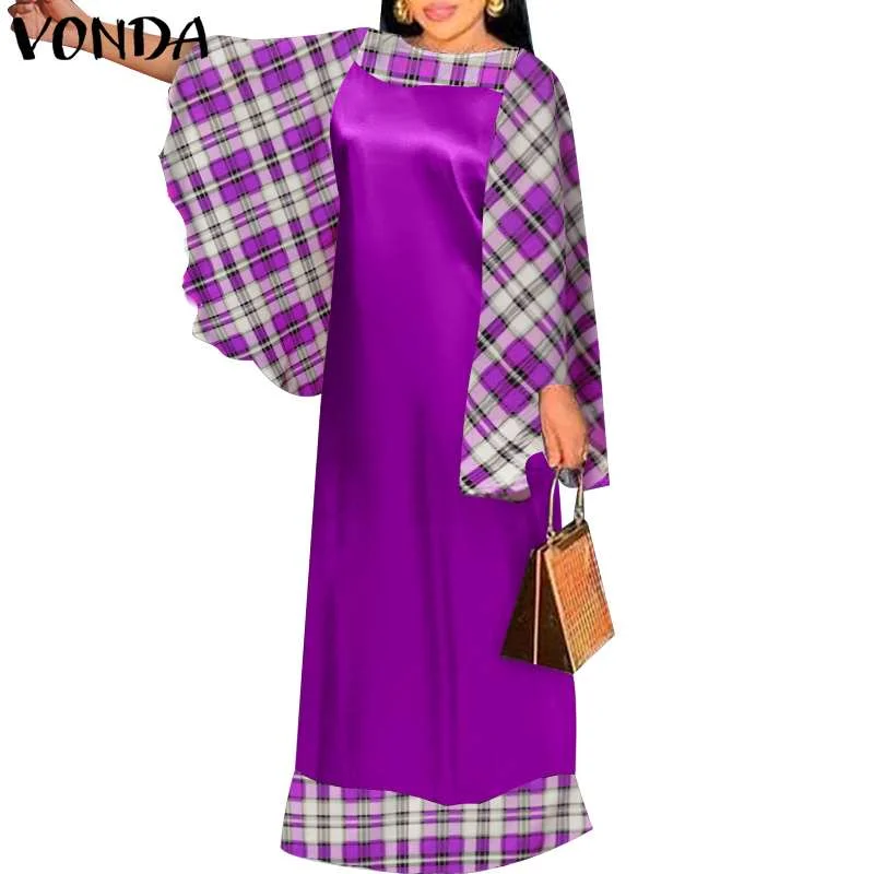 Patchwork Plaid Dress Holiday Party Maxi Long Dress VONDA 2022 Women Casual Vintage Long Sleeve Vestidos Oversized Robe Femme