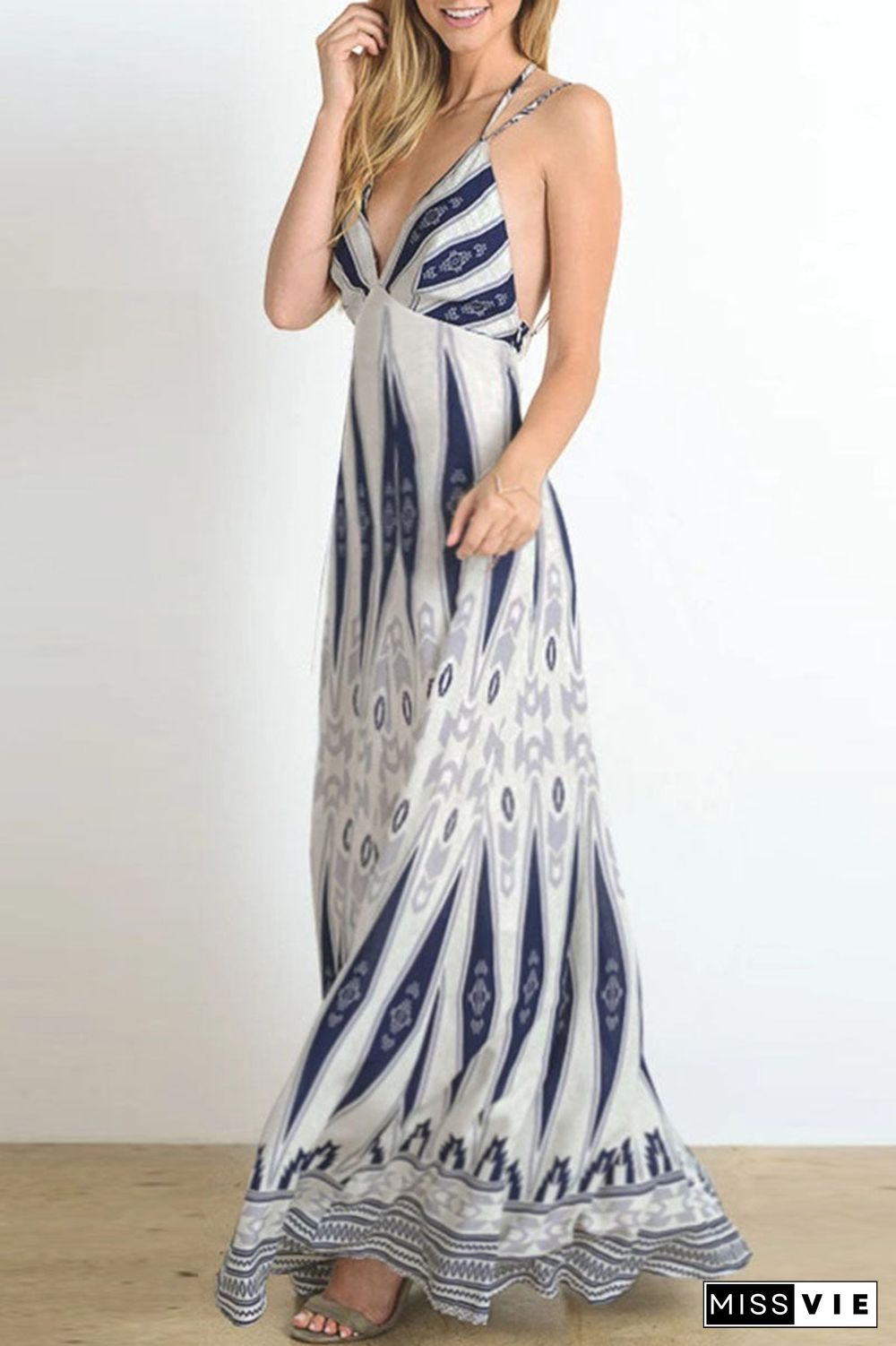 Fashion Bohemian Print Split Joint Backless V Neck A Line Dresses