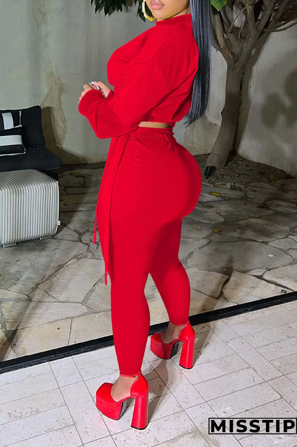 Red Casual Solid Patchwork O Neck Long Sleeve Two Pieces