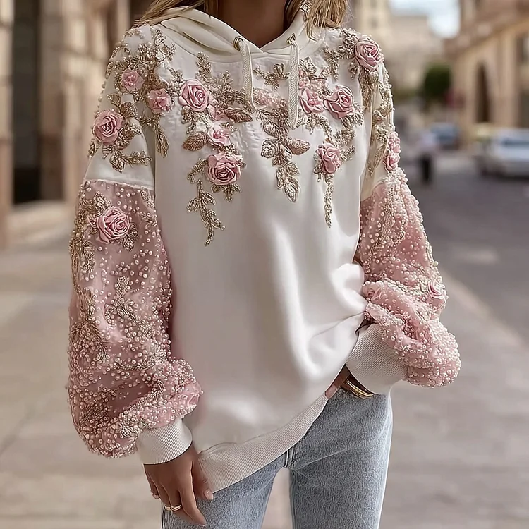 Women's Retro Pink Floral Casual Hoodie