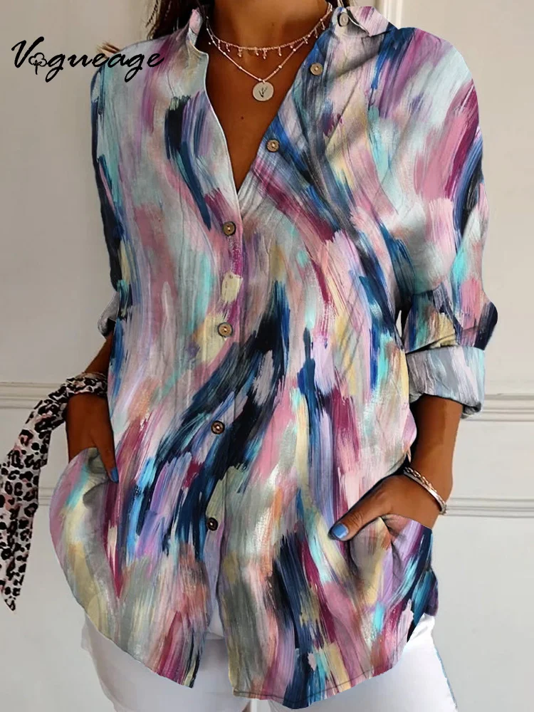 Beautiful Colorful Oil Painting Style Smear Color Strips Long Sleeves Printed Cotton And Linen Shirt