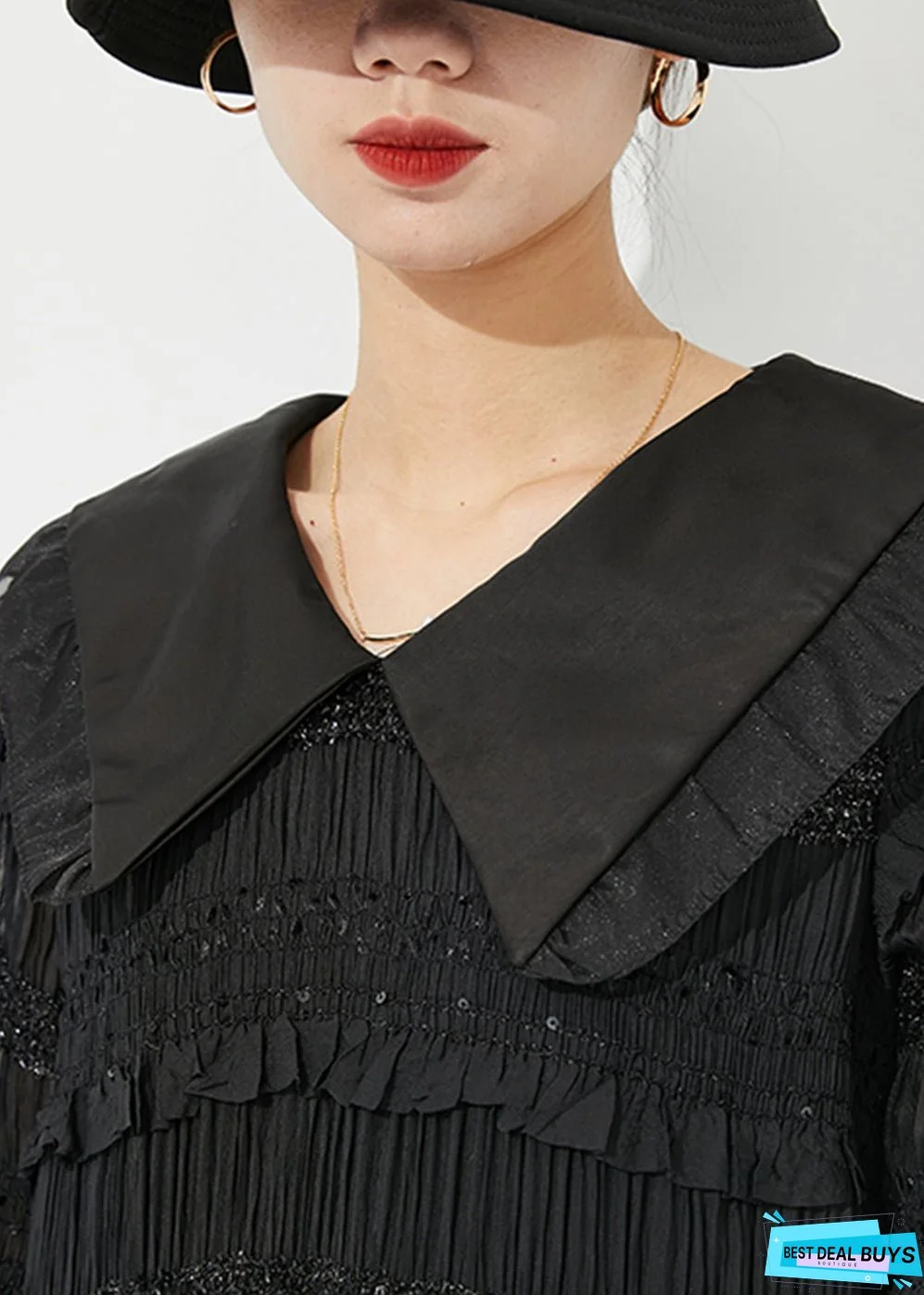 Women Black Peter Pan Collar Ruffled Patchwork Wrinkled Long Dress Spring