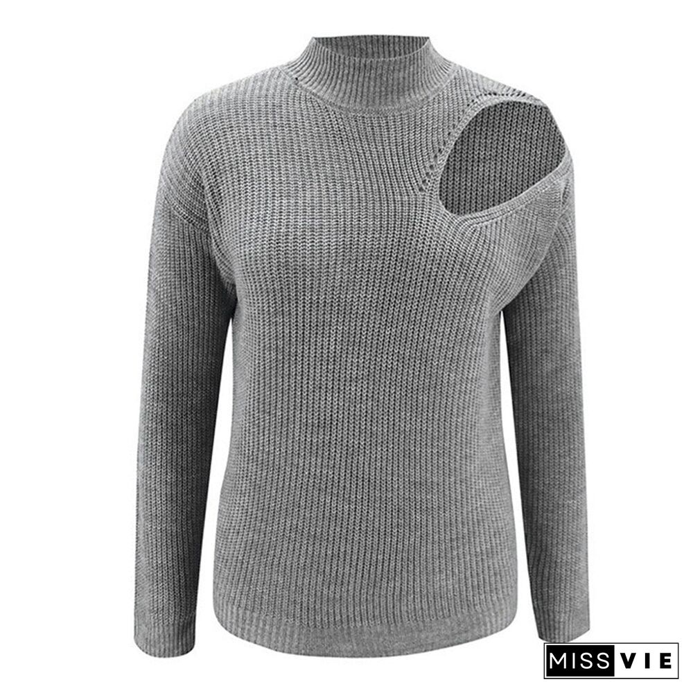 Women Autumn Half High Collar Solid Pullover Elegant Long Sleeve Dropped Shoulder Sleeve Office Lady Hollow Chic Knit Sweater