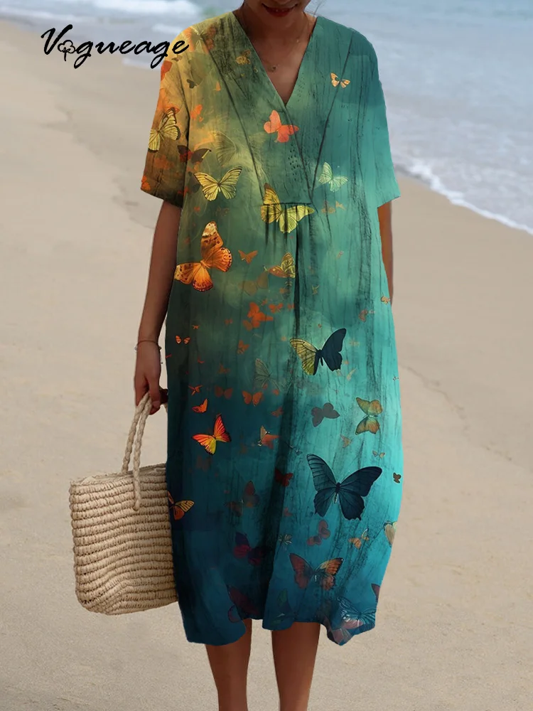 Flying Butterflies Printed Women's Casual Cotton And Linen Dress