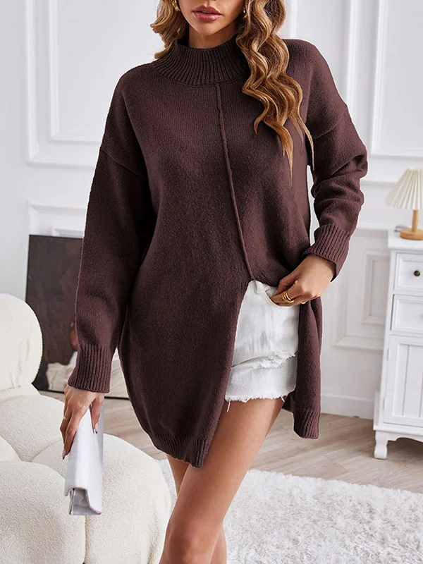 Velvet Split-Front Solid Color Loose Long Sleeves Mock Neck Sweater Tops Pullovers