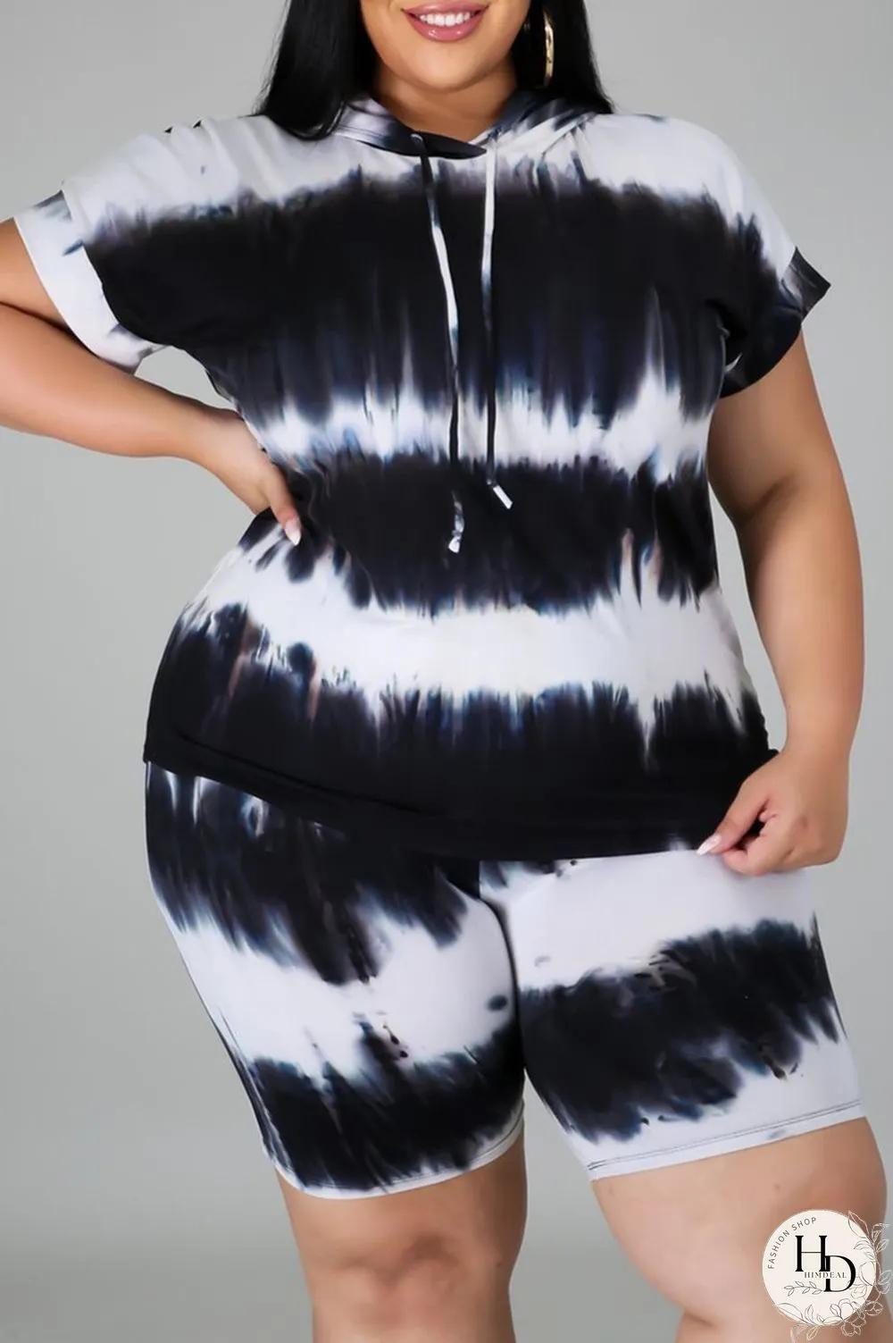 Blue Fashion Casual Print Tie-dye Hooded Collar Plus Size Two Pieces