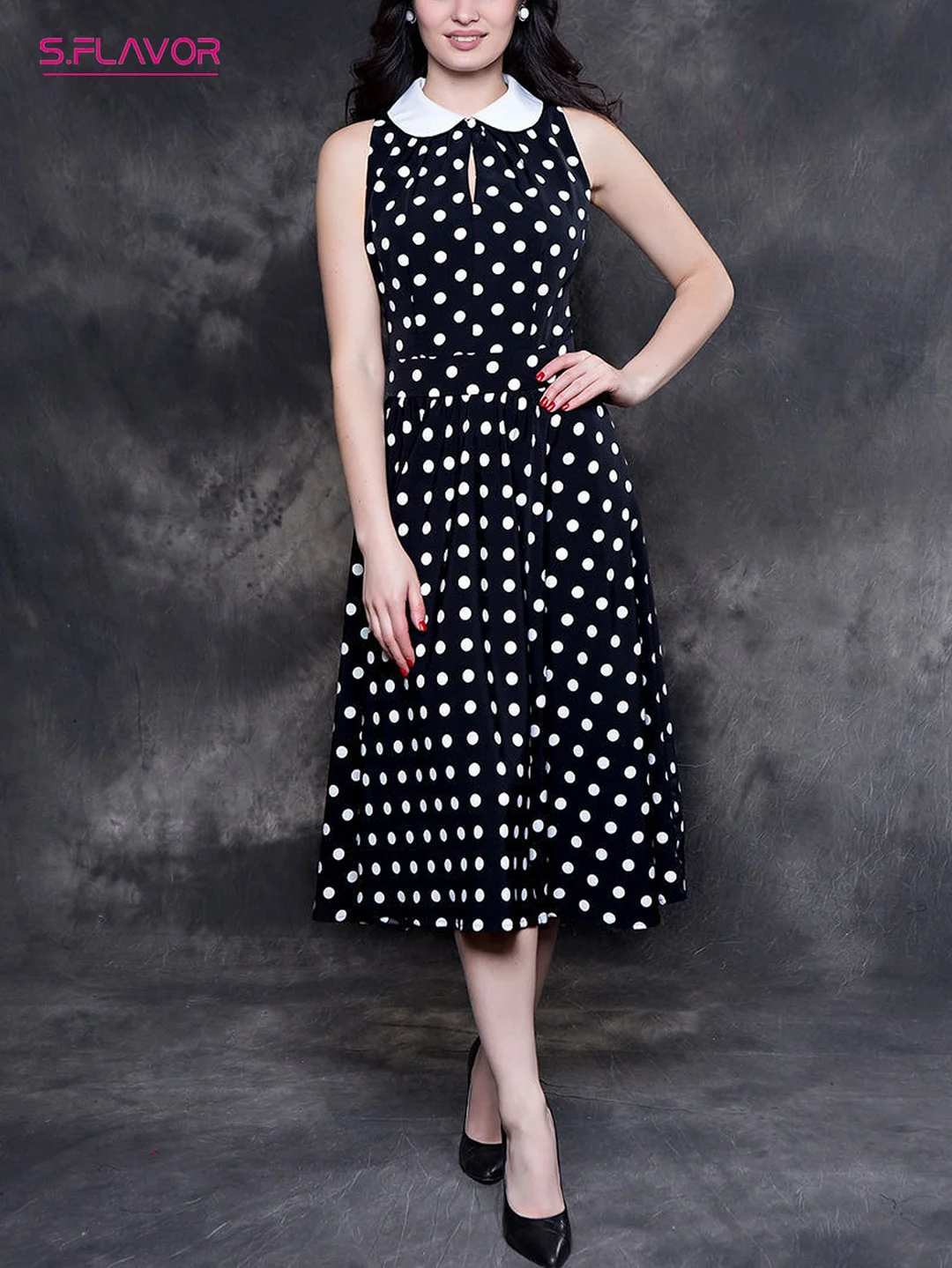 Jangj S.FLAVOR Peter Pan Collar Women's Working Dress Vintage Sleeveless Dot Point A-line Dresses Summer Midi Vestidos