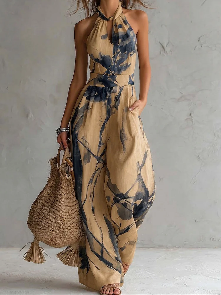 Retro-elegant Ink Wash Print Jumpsuit