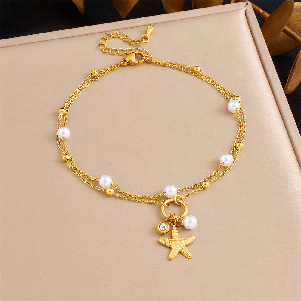Korean Style Fashion Stacking Double Chain Diamond Cherry Starfish Flower Star Moon Pendant Stainless Steel Anklet Female