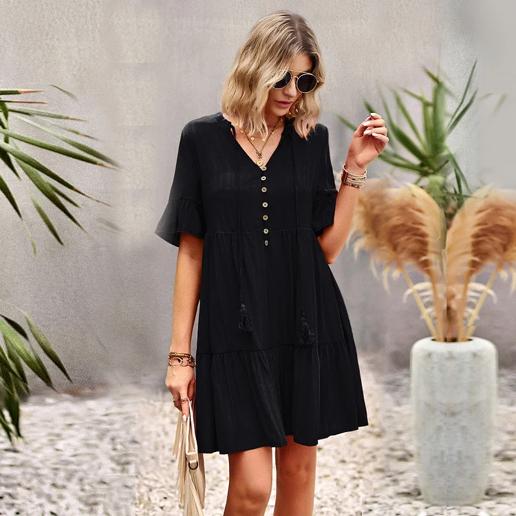 Women Fashion Solid Color Boho Swing Casual Dress