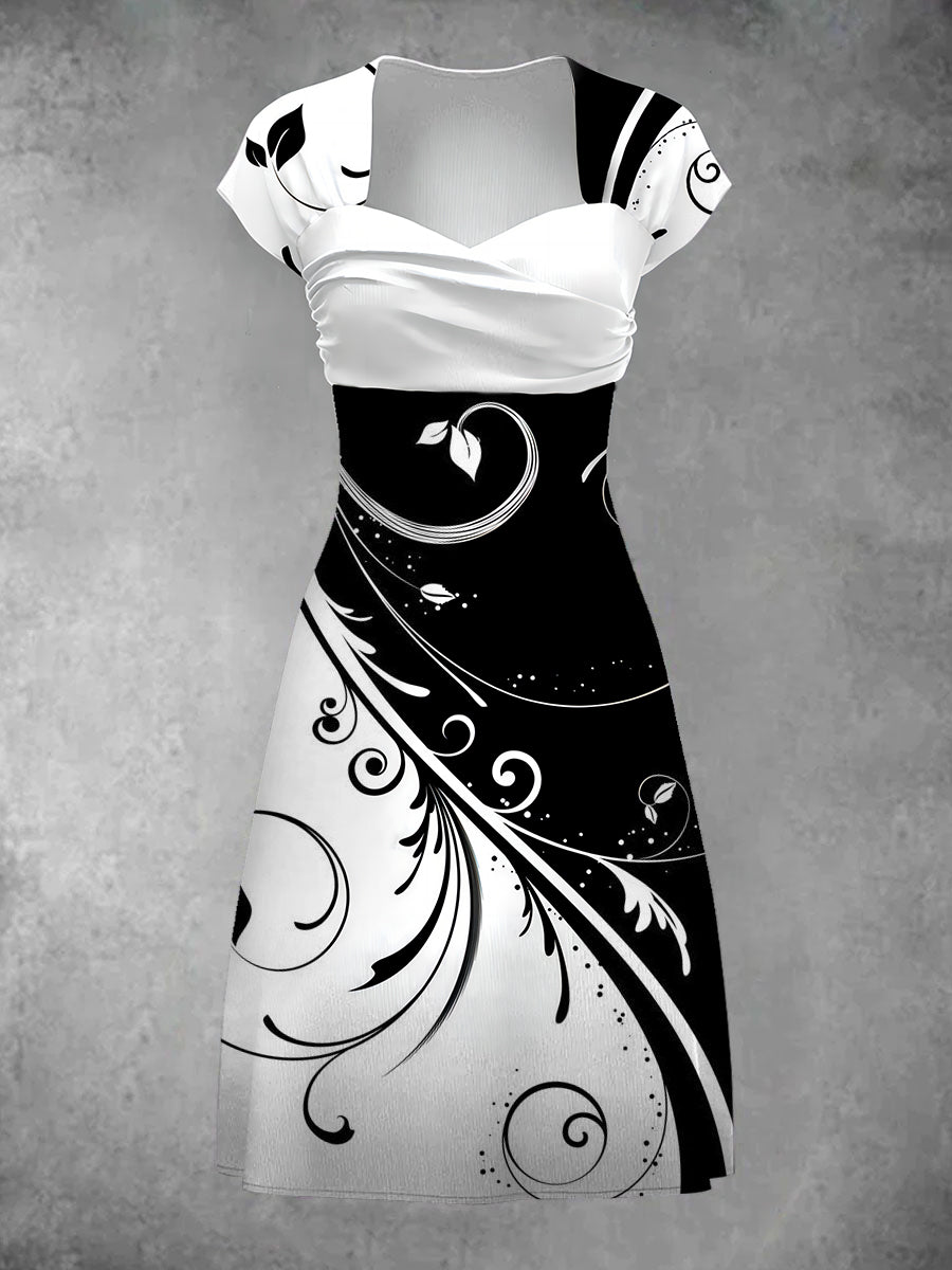 Floral Art Print Short Sleeve Retro Midi Dress