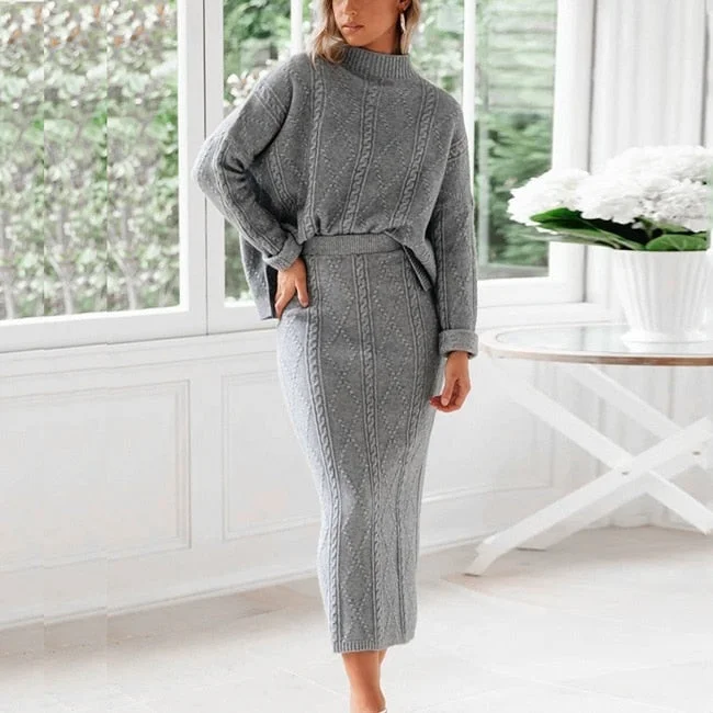 OOTN Gray Two Piece Set Turtleneck Pullovers And Long Skirt Office Ladies 2 Piece Set Autumn Winter Warm Women's Sweaters Suit
